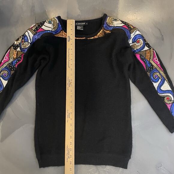 Vintage IB Diffusion Sweater Sequin Silk Angora Women Size S Black Beaded Long - Picture 5 of 8